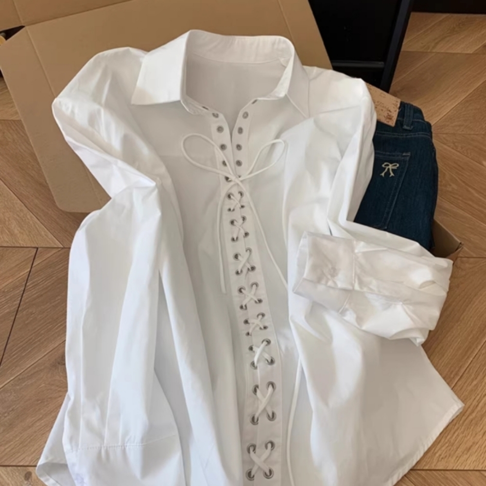 White Lace Up Front Cotton Shirt